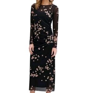 Ted Baker Black Printed Mesh Midi Dress Msrp $275
